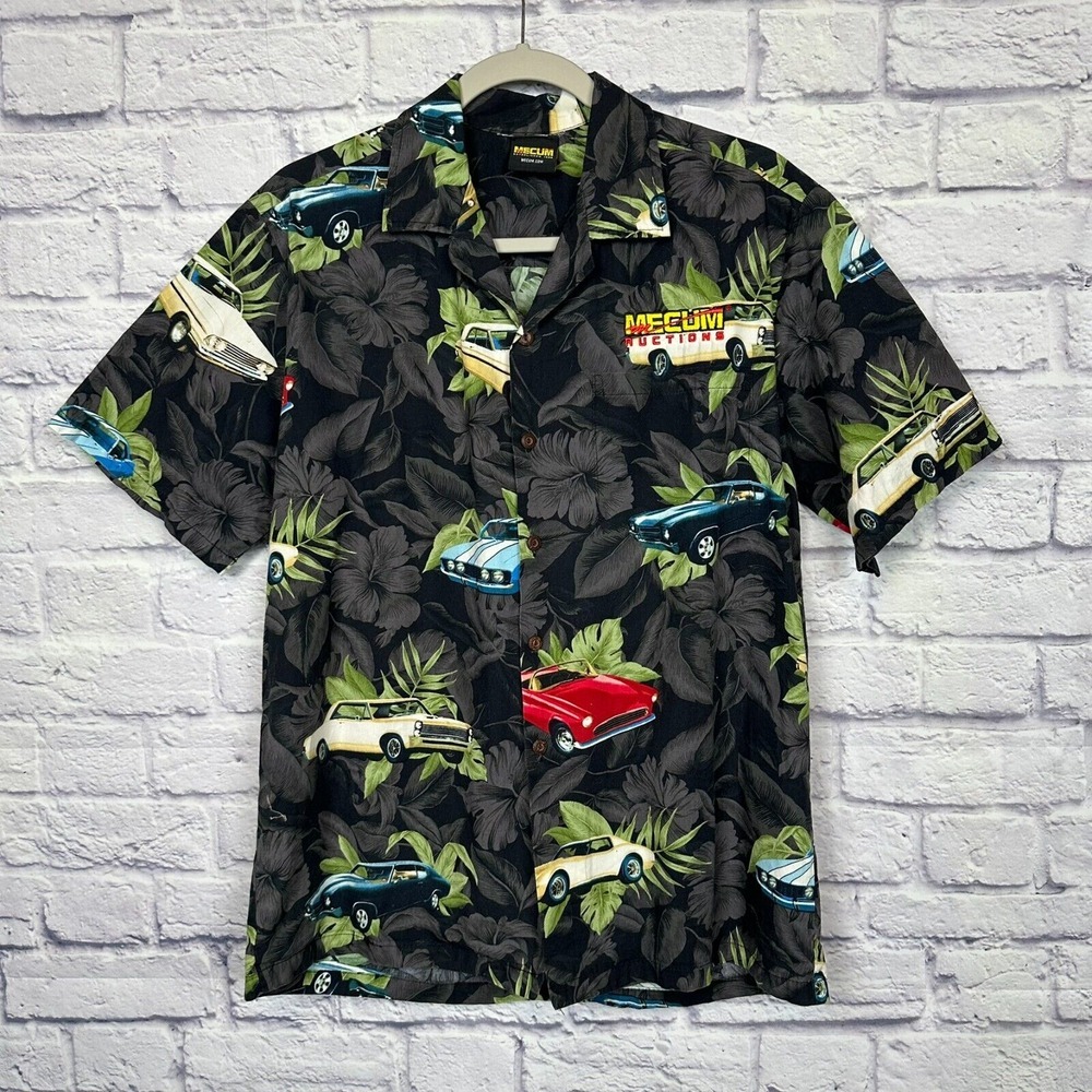 VTG Mecum Auction Shirt M Hot Rod AOP Classic Cars SS Embroidered Hawaiian‎ USA